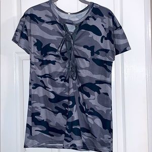 New blue army print short sleeve blouse, V cut with cris cross ties, size small